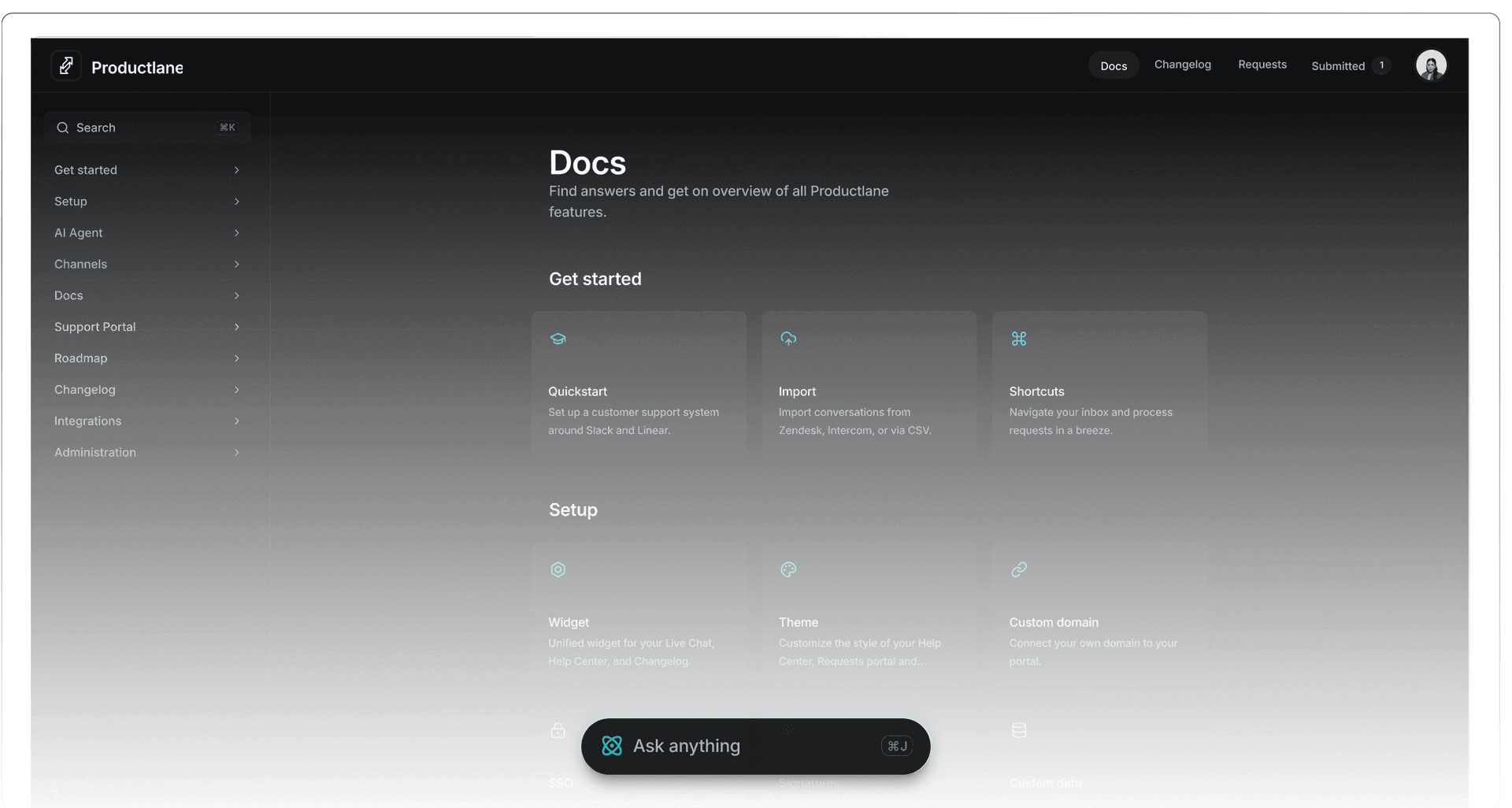 Help center with widget overlay showing search, AI, and contact options