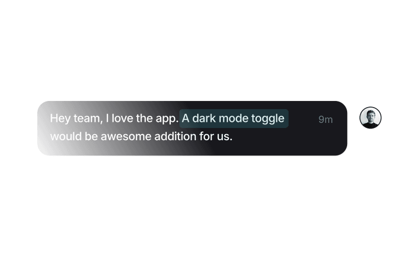 Chat message with highlighted text showing a dark mode toggle request